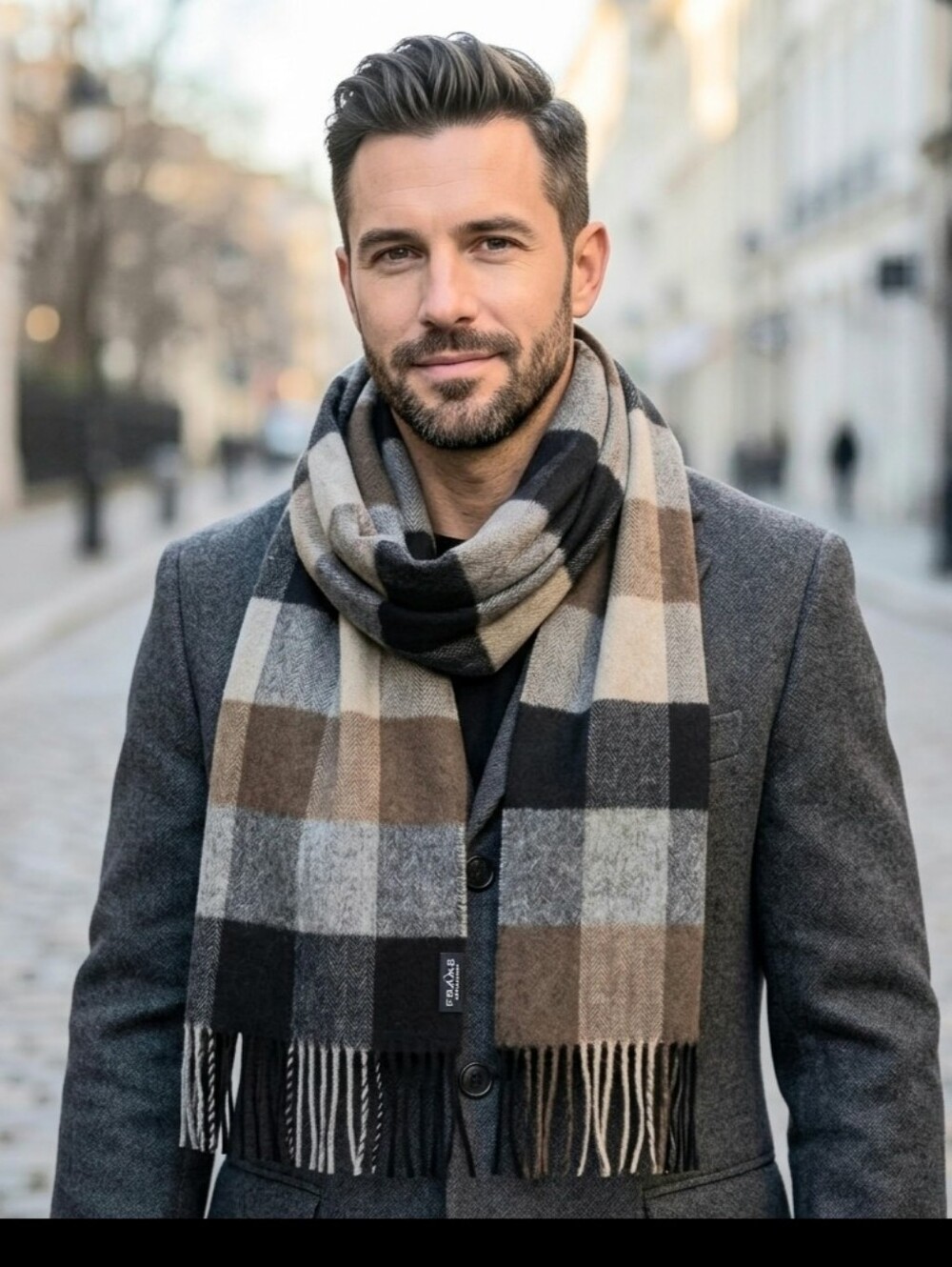 Fraas Plaid Scarf Made in Germany Brown Gray Black Taupe Unisex Fringe 14 x 70